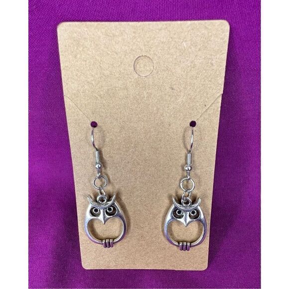 Handmade Silver Dangly Circular Owl Earrings - Picture 1 of 3
